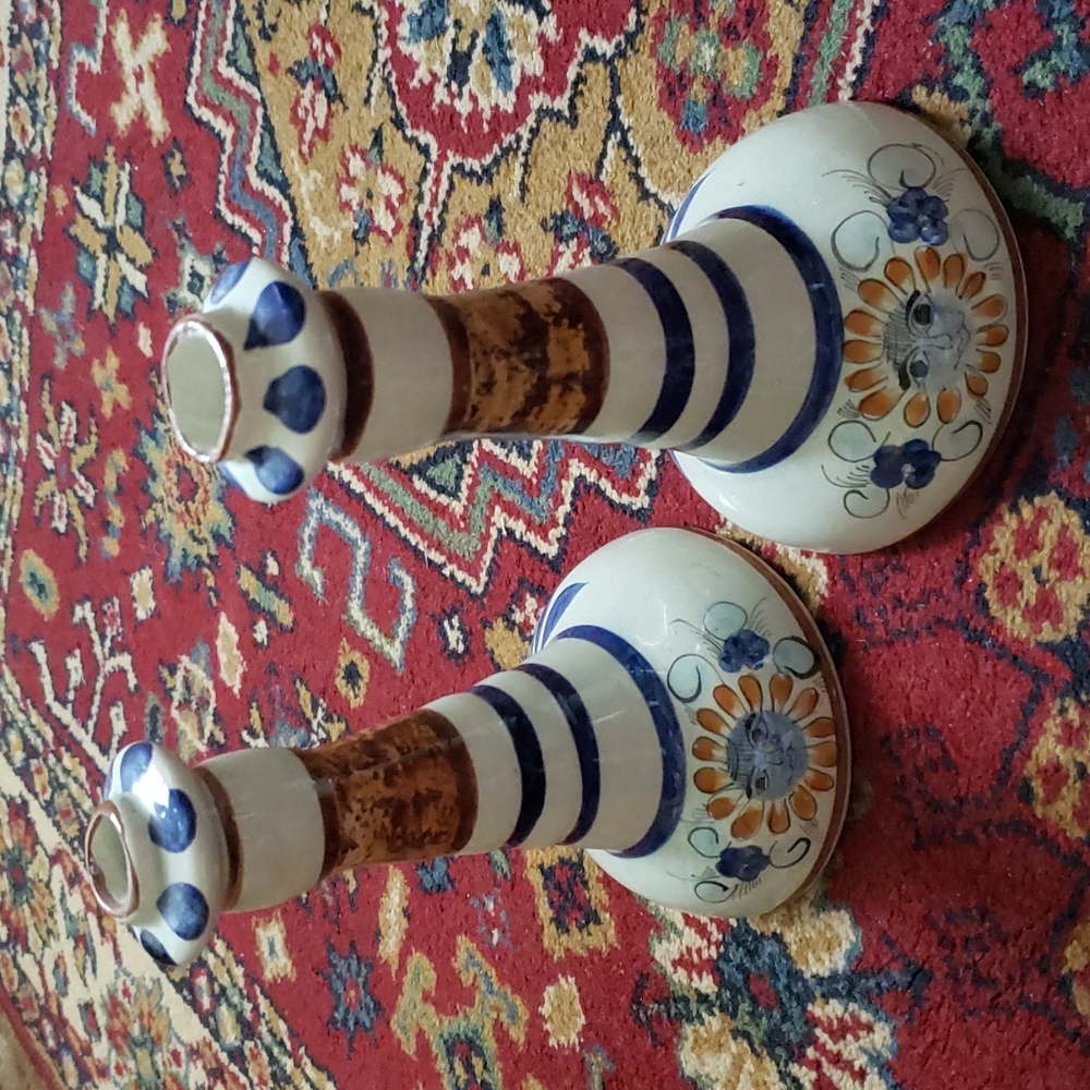 ❤ VINTAGE | Tonala Mexican Pottery Candle Holders Sun Motif Signed